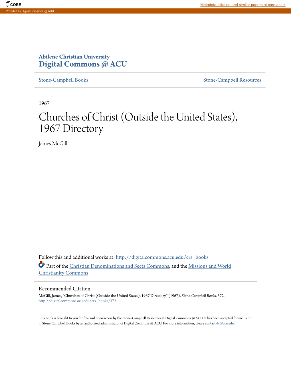 Churches of Christ (Outside the United States), 1967 Directory James Mcgill