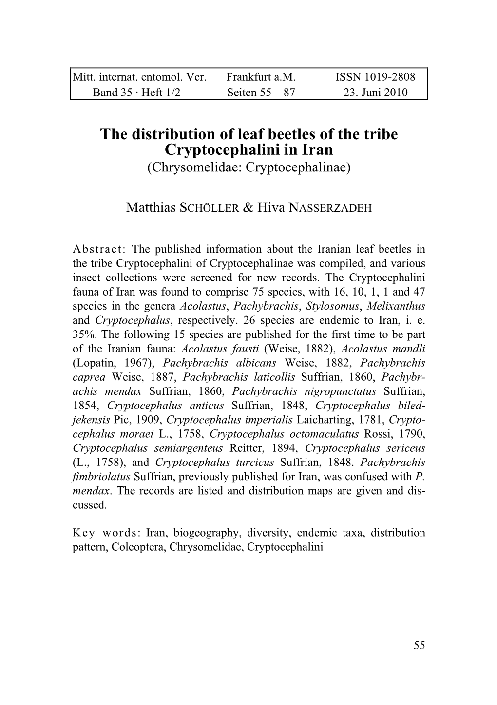 The Distribution of Leaf Beetles of the Tribe Cryptocephalini in Iran (Chrysomelidae: Cryptocephalinae)