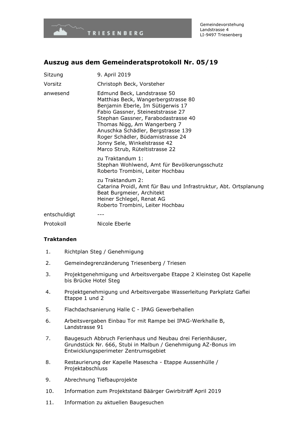 Auszug Aus Dem Gemeinderatsprotokoll Nr. 05/19 69990 Sitzung 9