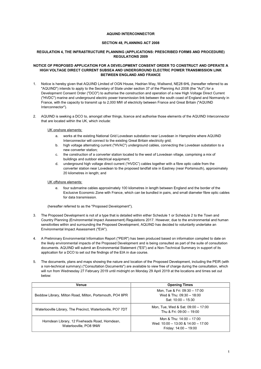 S48 Notice – AQUIND Interconnector