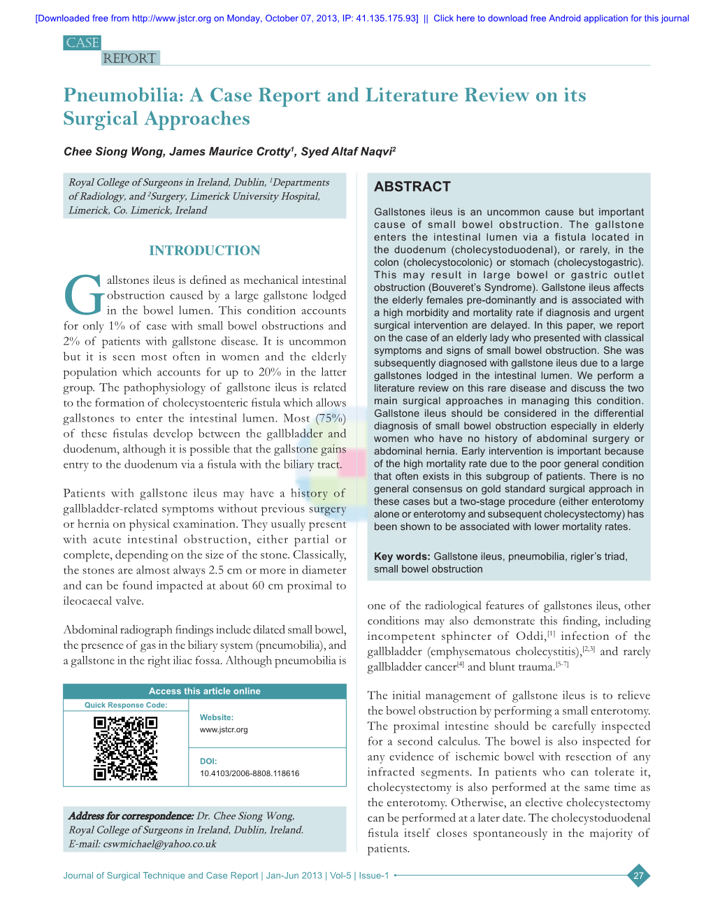 Pneumobilia: a Case Report and Literature Review on Its Surgical Approaches