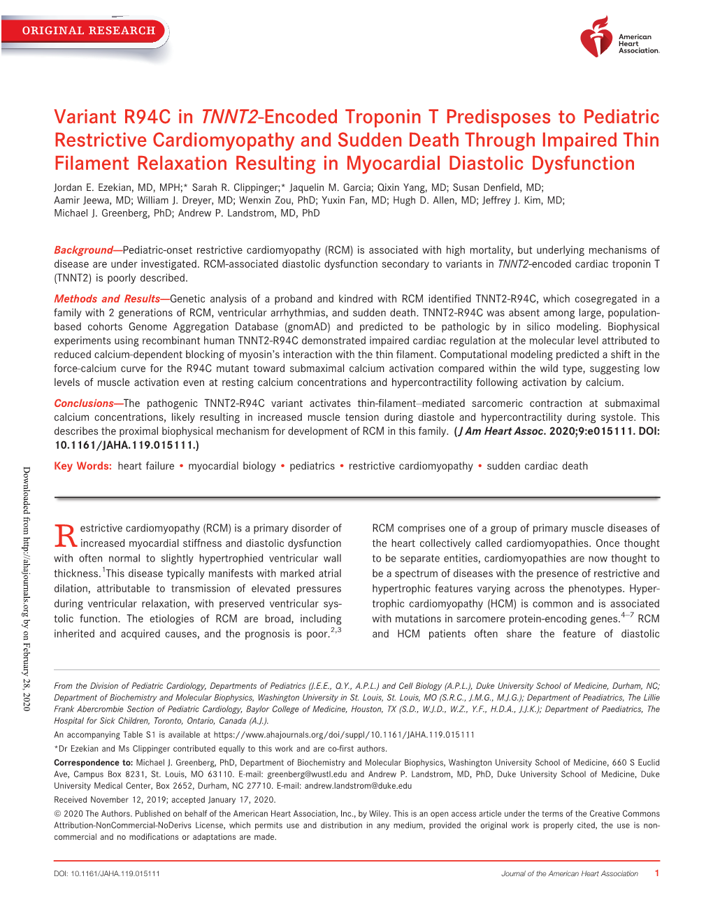 Variant R94C in TNNT2‐Encoded Troponin T Predisposes to Pediatric