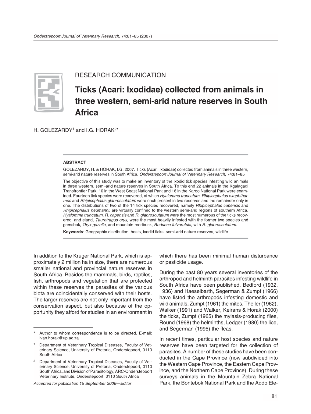 Acari: Ixodidae) Collected from Animals in Three Western, Semi-Arid Nature Reserves in South Africa