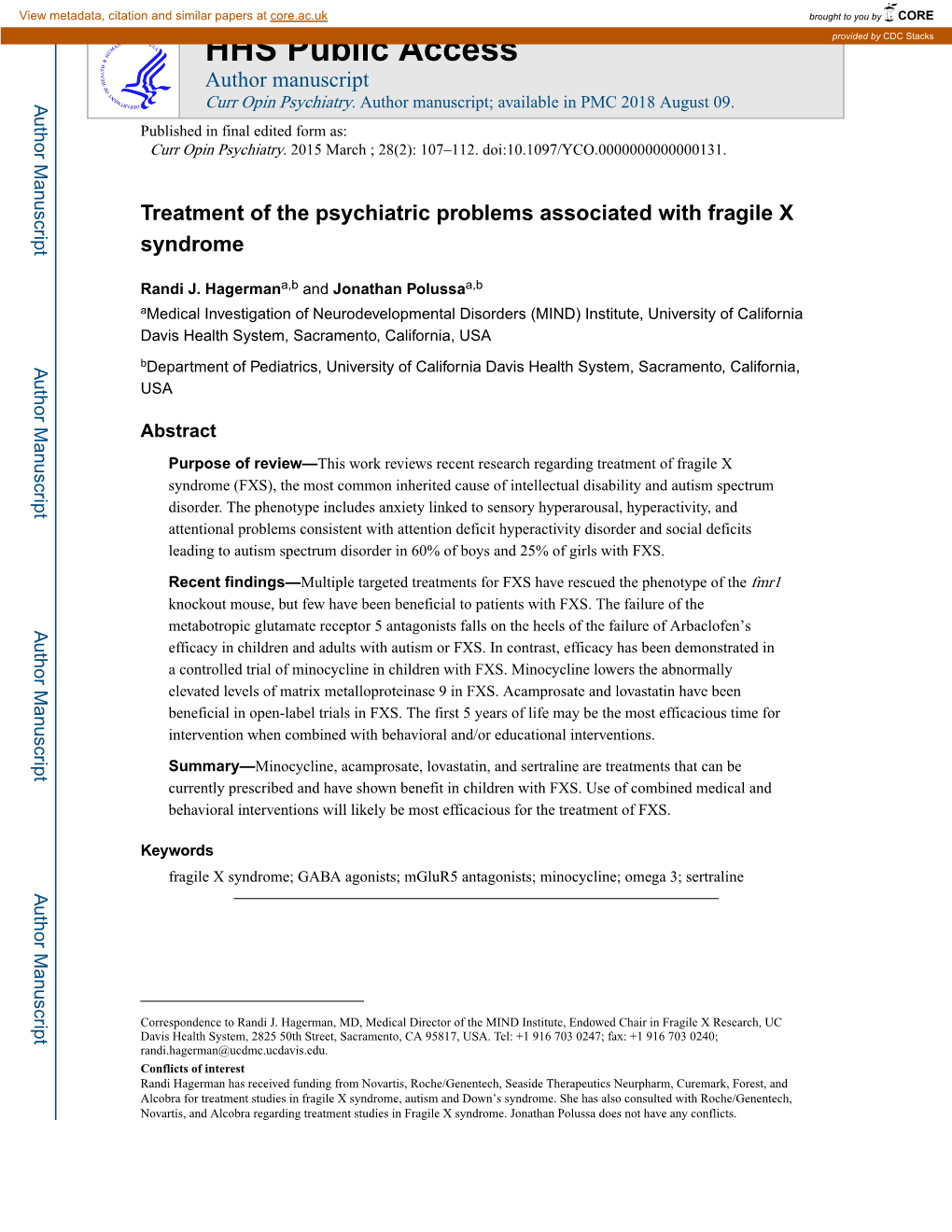 Treatment of the Psychiatric Problems Associated with Fragile X Syndrome