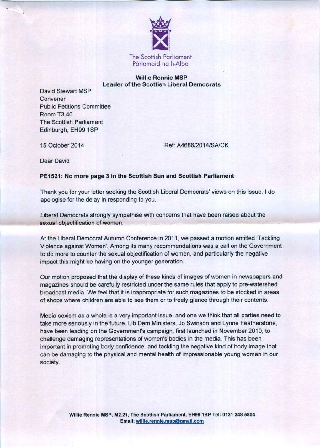 PE1521/D: Scottish Parliament Liberal Democrats' Group Letter of 15