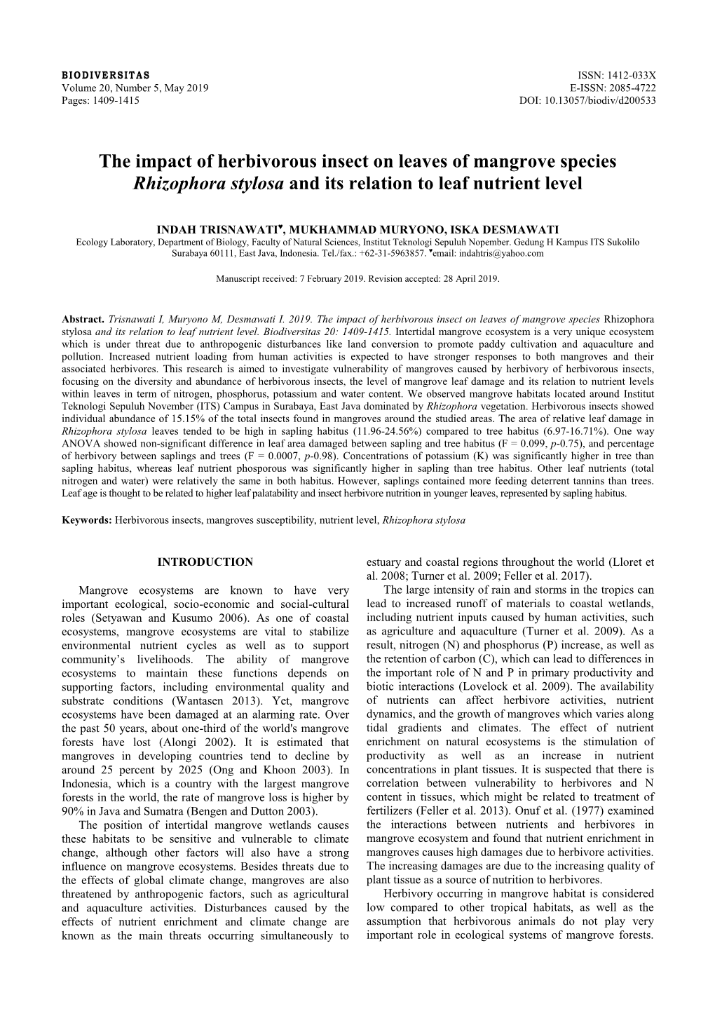 The Impact of Herbivorous Insect on Leaves of Mangrove Species Rhizophora Stylosa and Its Relation to Leaf Nutrient Level