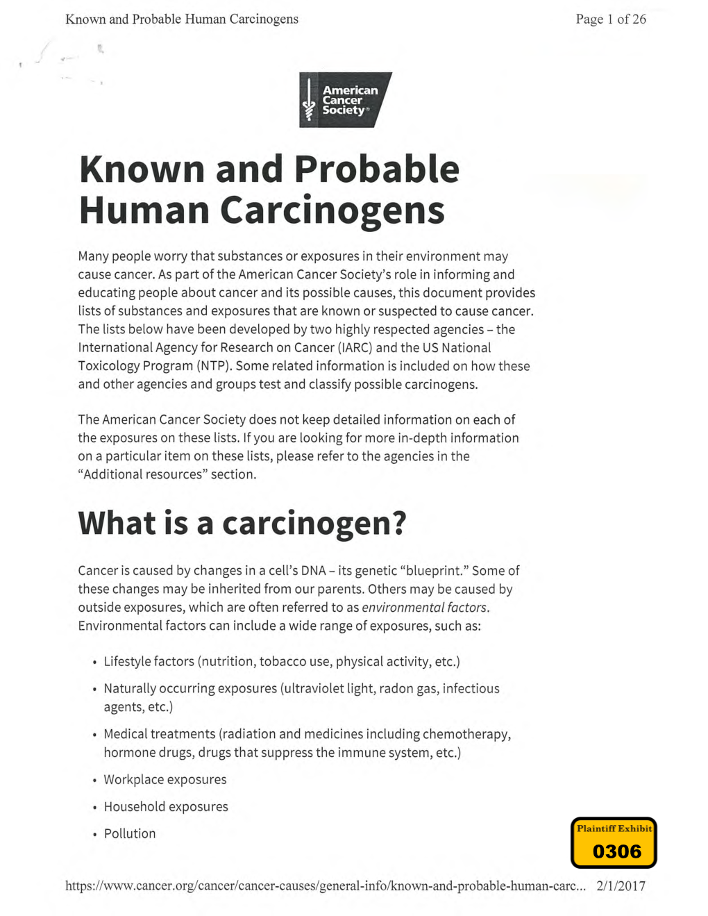 Known and Probable Human Carcinogens Page 1 of 26