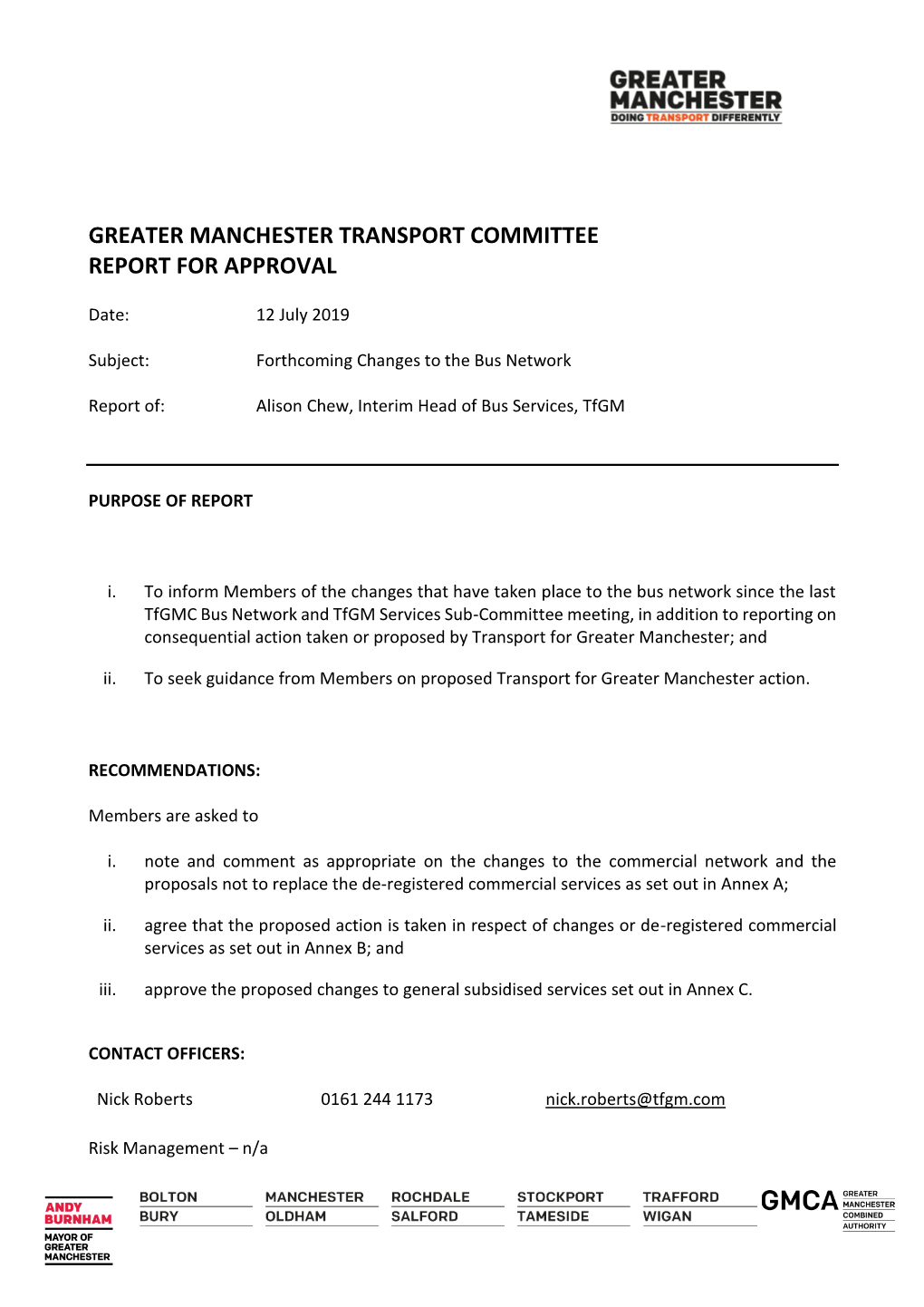 Greater Manchester Transport Committee Report for Approval