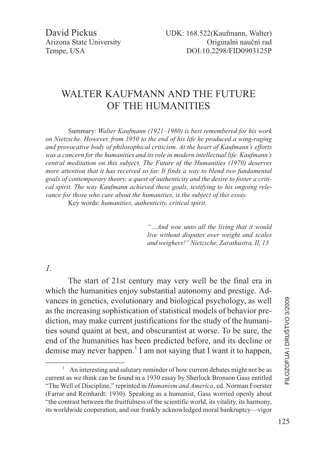 Walter Kaufmann and the Future of the Humanities