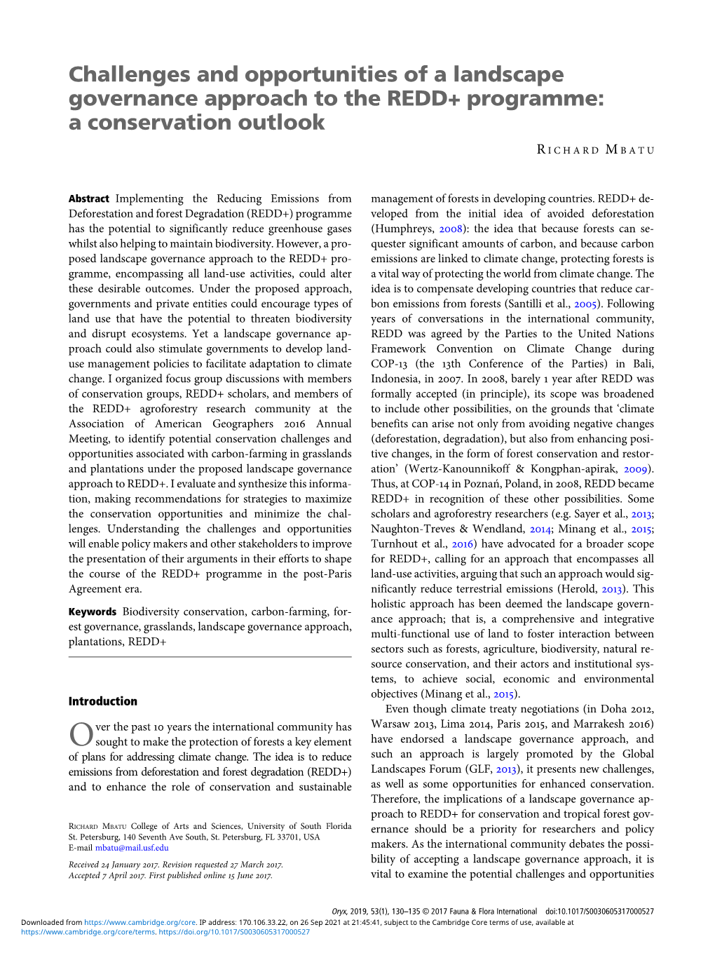 Challenges and Opportunities of a Landscape Governance Approach to the REDD+ Programme: a Conservation Outlook