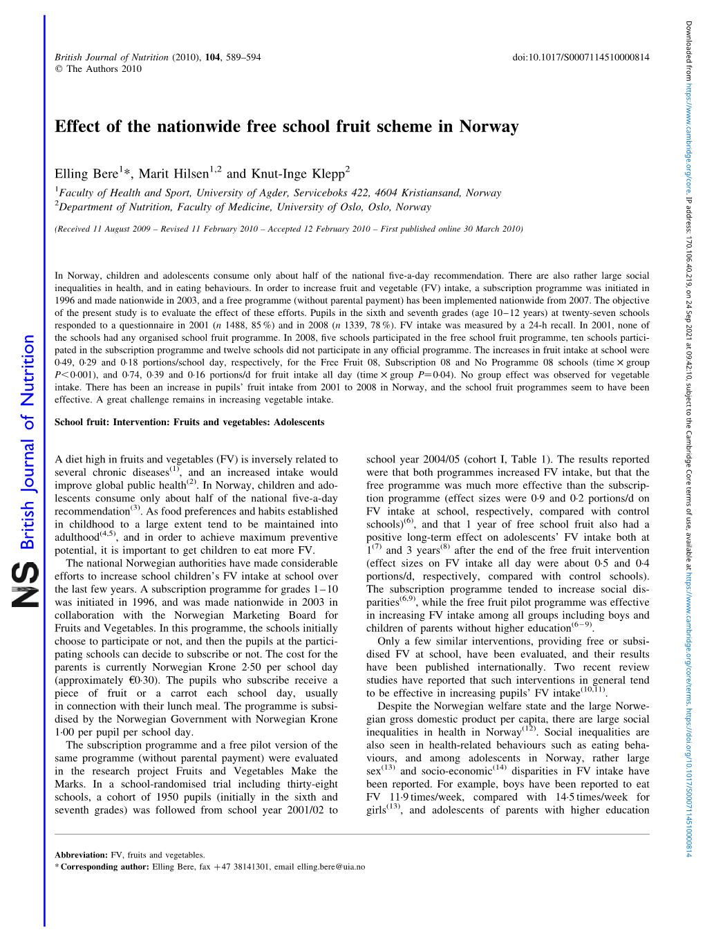 Effect of the Nationwide Free School Fruit Scheme in Norway