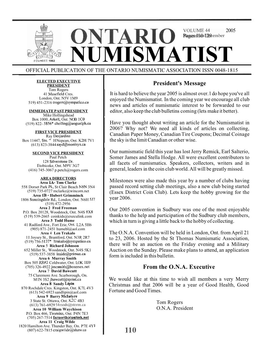 Numismatist Official Publication of the Ontario Numismatic Association Issn 0048-1 8 15