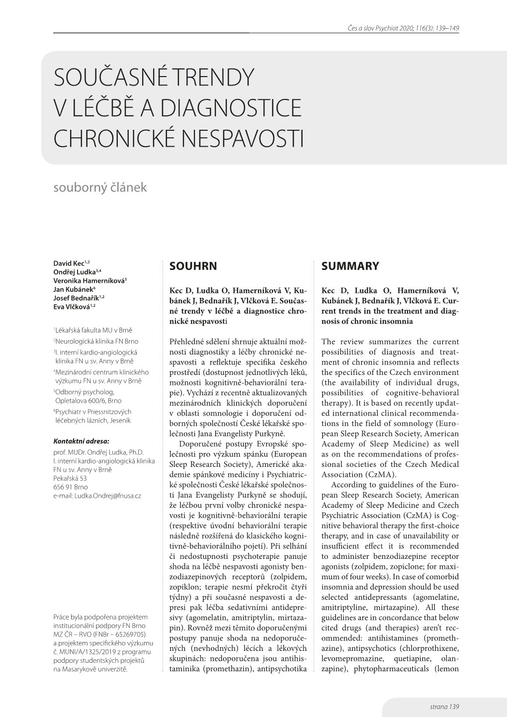 Současné Trendy V Léčbě a Diagnostice Chronické Nespavosti Souborný Článek