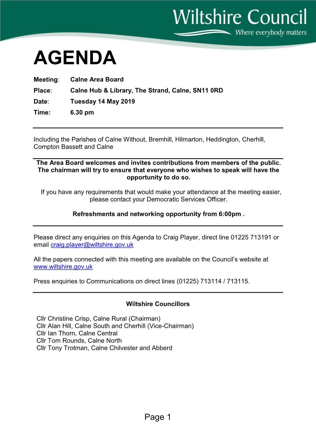 (Public Pack)Agenda Document for Calne Area Board, 14/05/2019 18:30