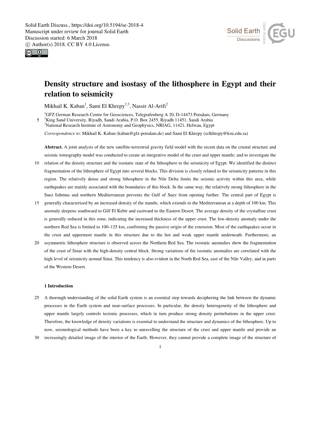 Density Structure and Isostasy of the Lithosphere in Egypt and Their Relation to Seismicity Mikhail K