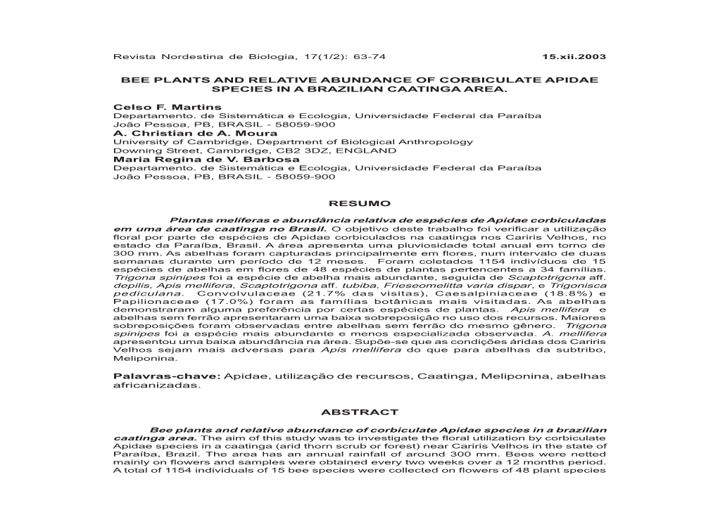 Bee Plants and Relative Abundance of Corbiculate Apidae Species in a Brazilian Caatinga Area