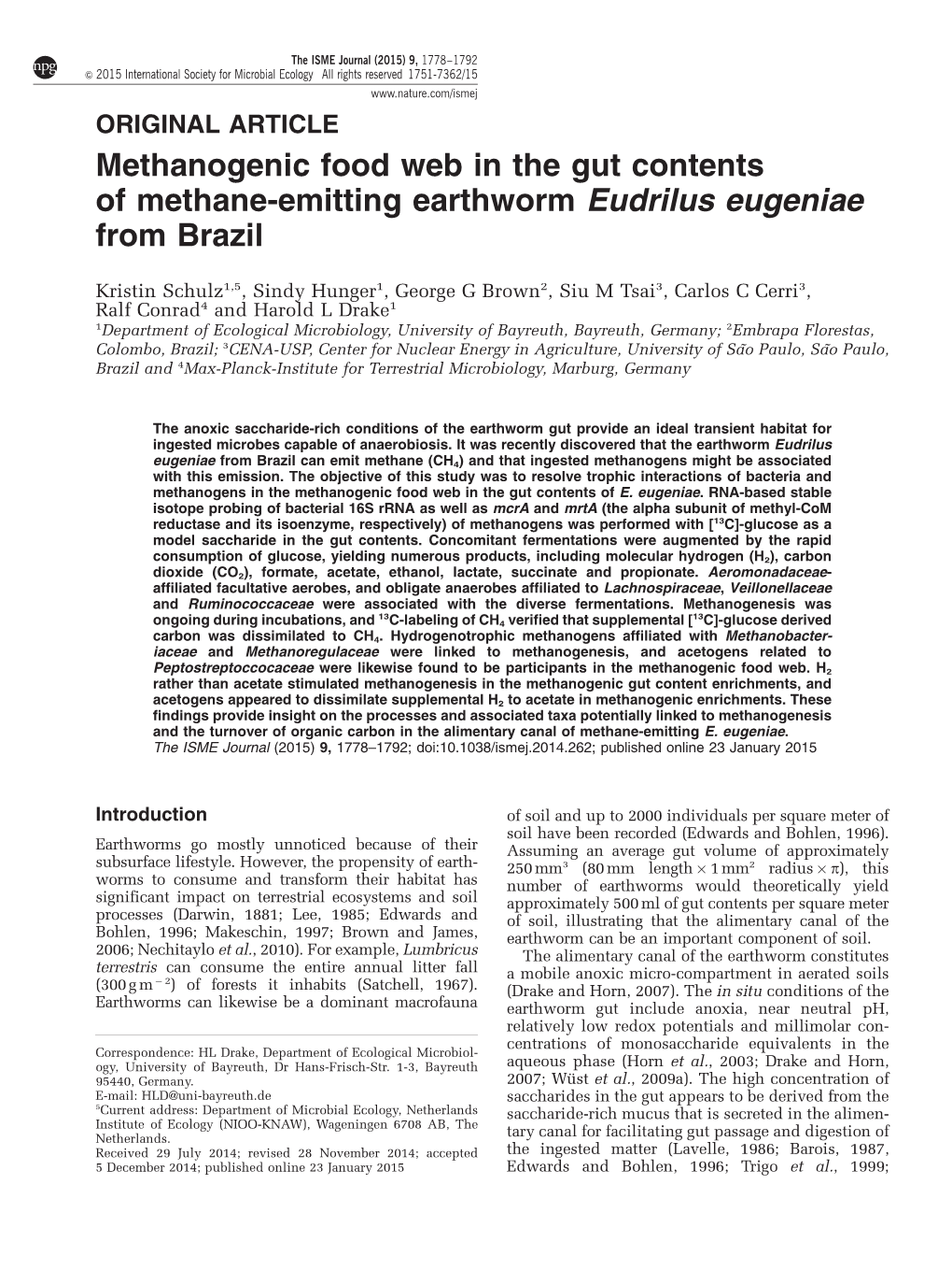 Methanogenic Food Web in the Gut Contents of Methane-Emitting Earthworm Eudrilus Eugeniae from Brazil