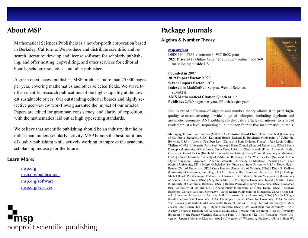 About MSP Nonprofit Scientific Publishing Package Journals