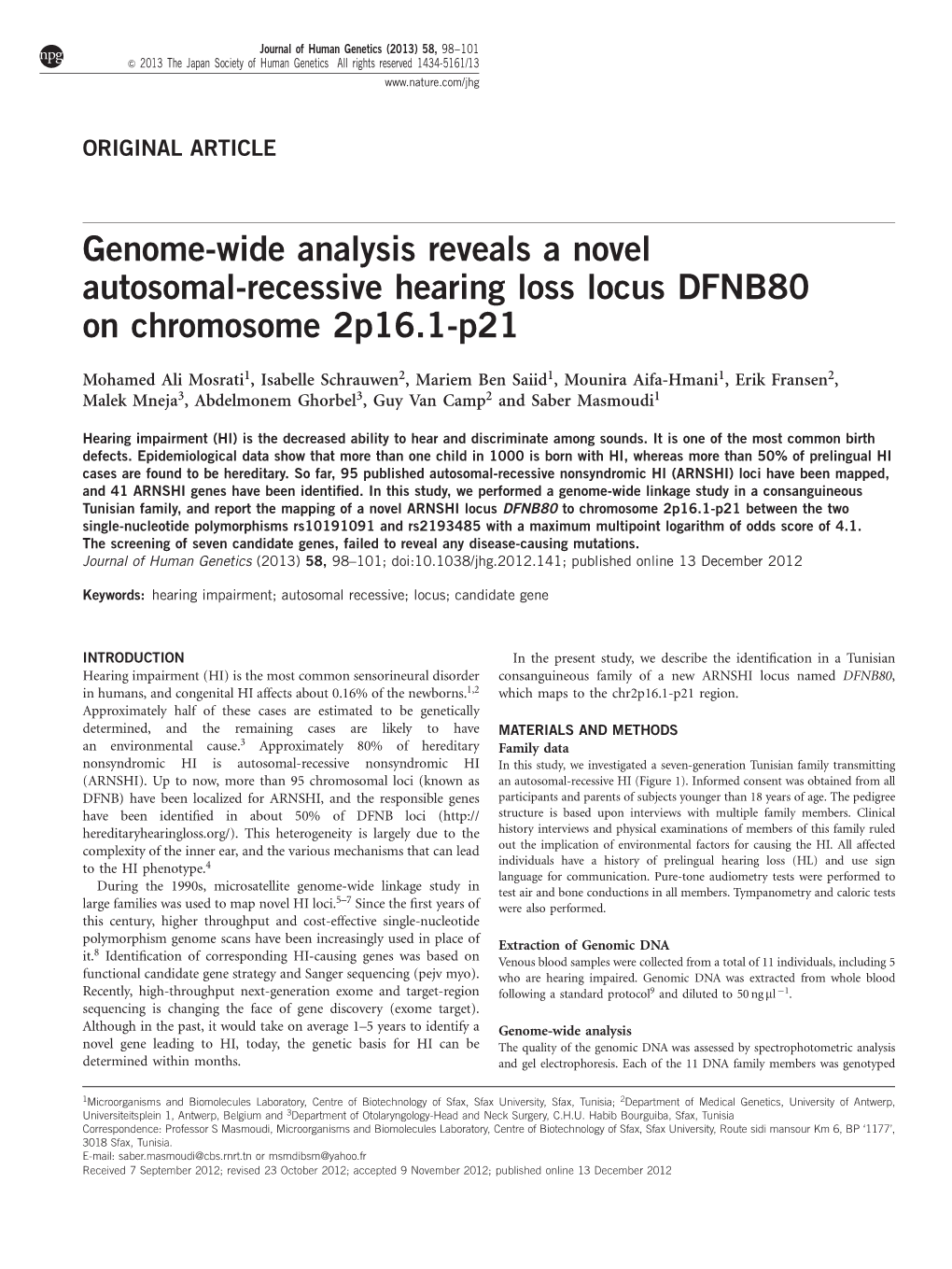 Genome-Wide Analysis Reveals a Novel Autosomal-Recessive Hearing Loss Locus DFNB80 on Chromosome 2P16.1-P21
