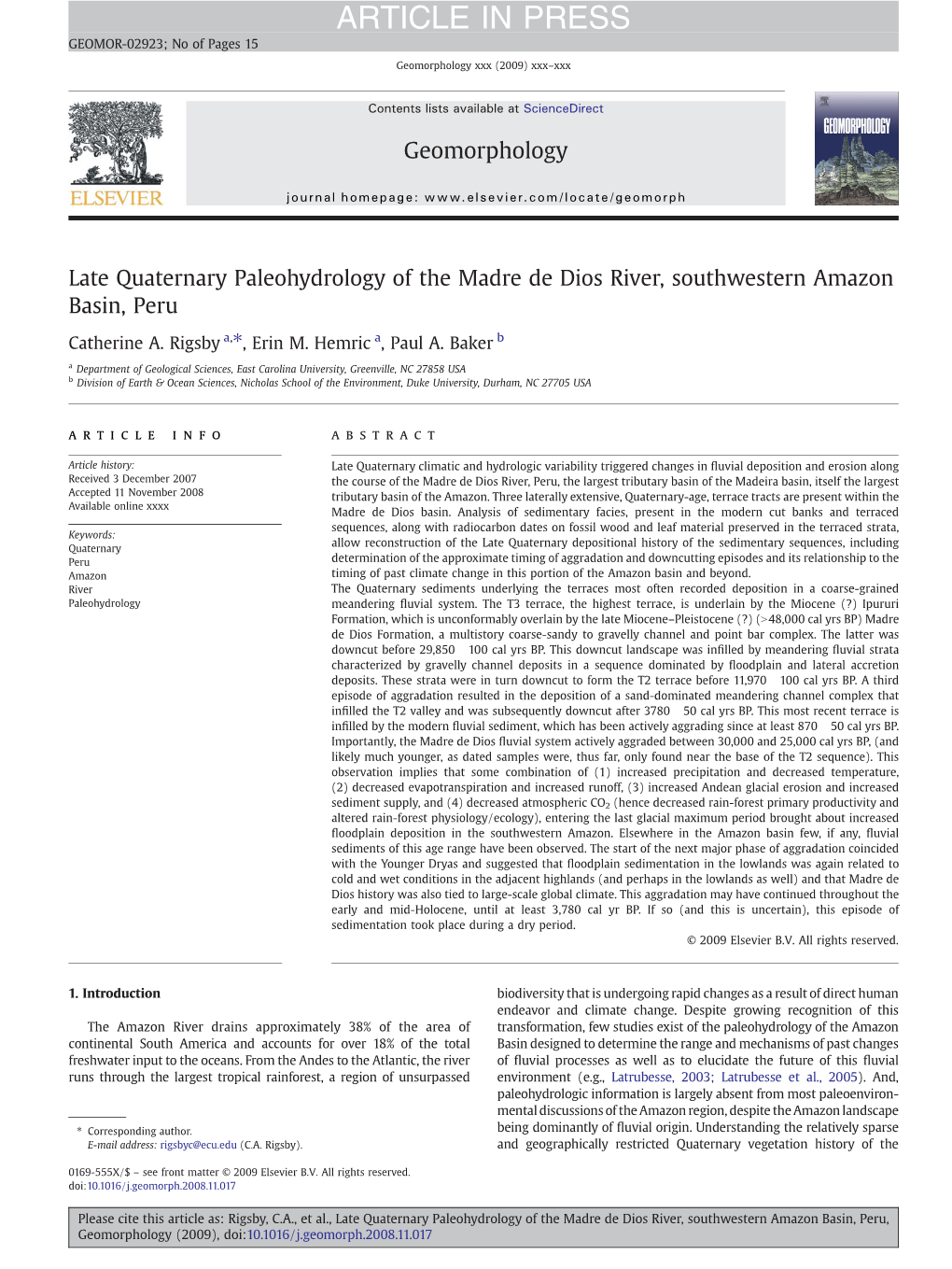 Late Quaternary Paleohydrology of the Madre De Dios River, Southwestern Amazon Basin, Peru