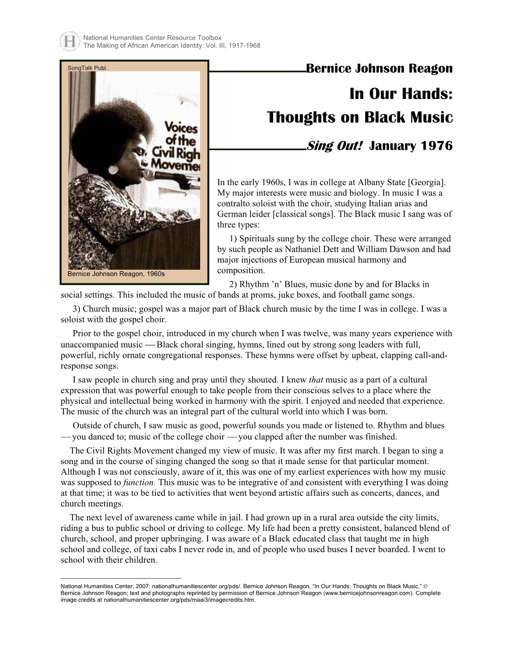 Bernice Johnson Reagon, in Our Hands: Thoughts on Black Music