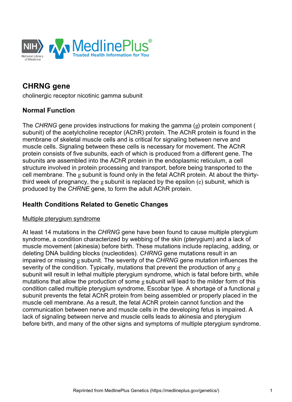 CHRNG Gene Cholinergic Receptor Nicotinic Gamma Subunit