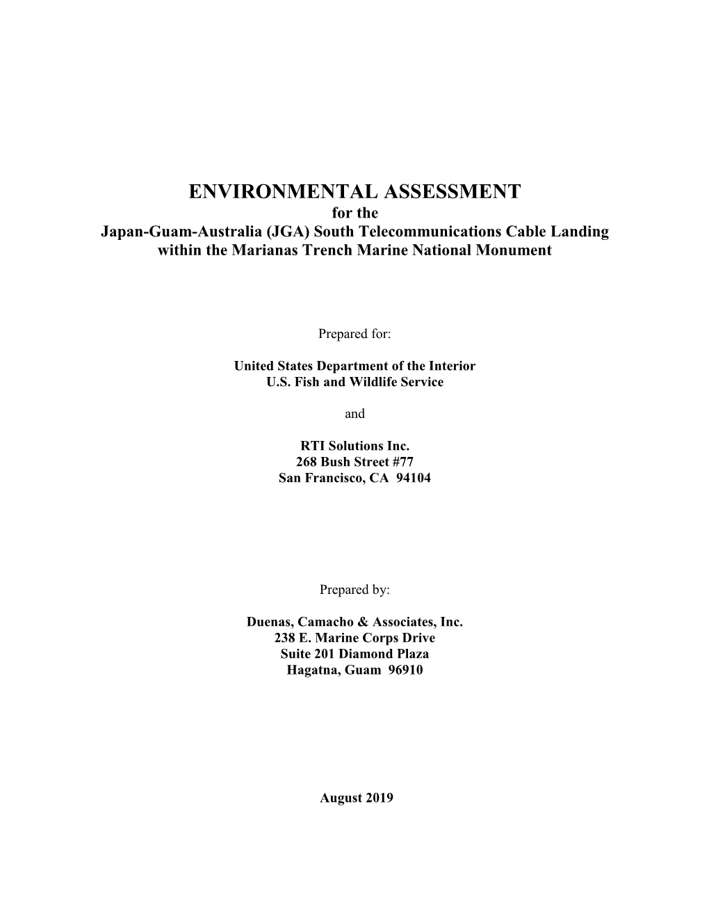 ENVIRONMENTAL ASSESSMENT for the Japan-Guam-Australia (JGA) South Telecommunications Cable Landing Within the Marianas Trench Marine National Monument