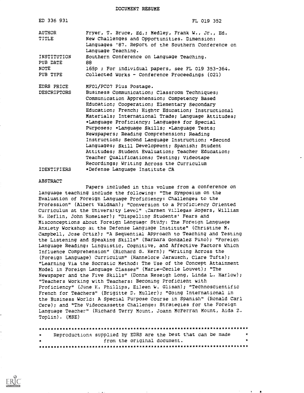 DOCUMENT RESUME ED 336 931 FL 019 352 AUTHOR Fryer, T. Bruce