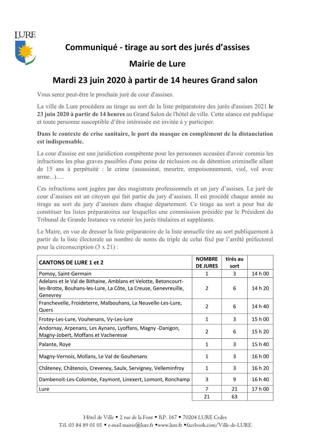 Tirage Au Sort Des Jurés D'assises Mairie De Lure Mardi 23 Juin 2020 À