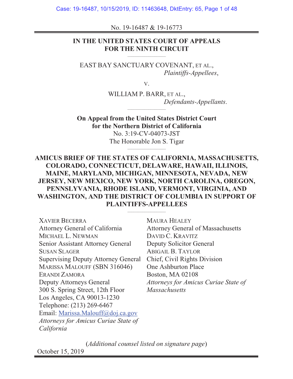 No. 19-16487 & 19-16773 in the UNITED STATES COURT of APPEALS for the NINTH CIRCUIT EAST BAY SANCTUARY COVENANT, Plaintiffs