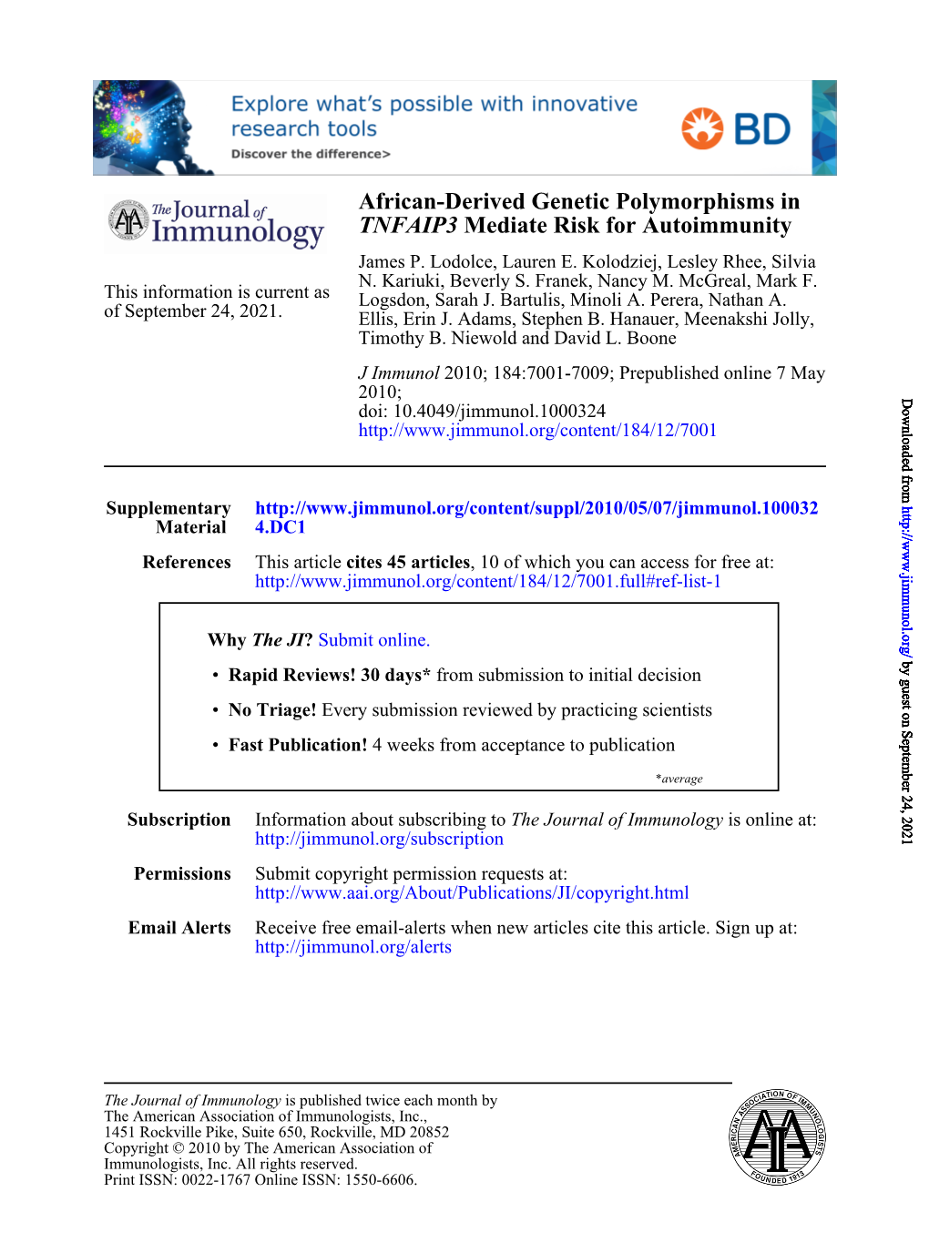 Mediate Risk for Autoimmunity TNFAIP3 African-Derived Genetic Polymorphisms In