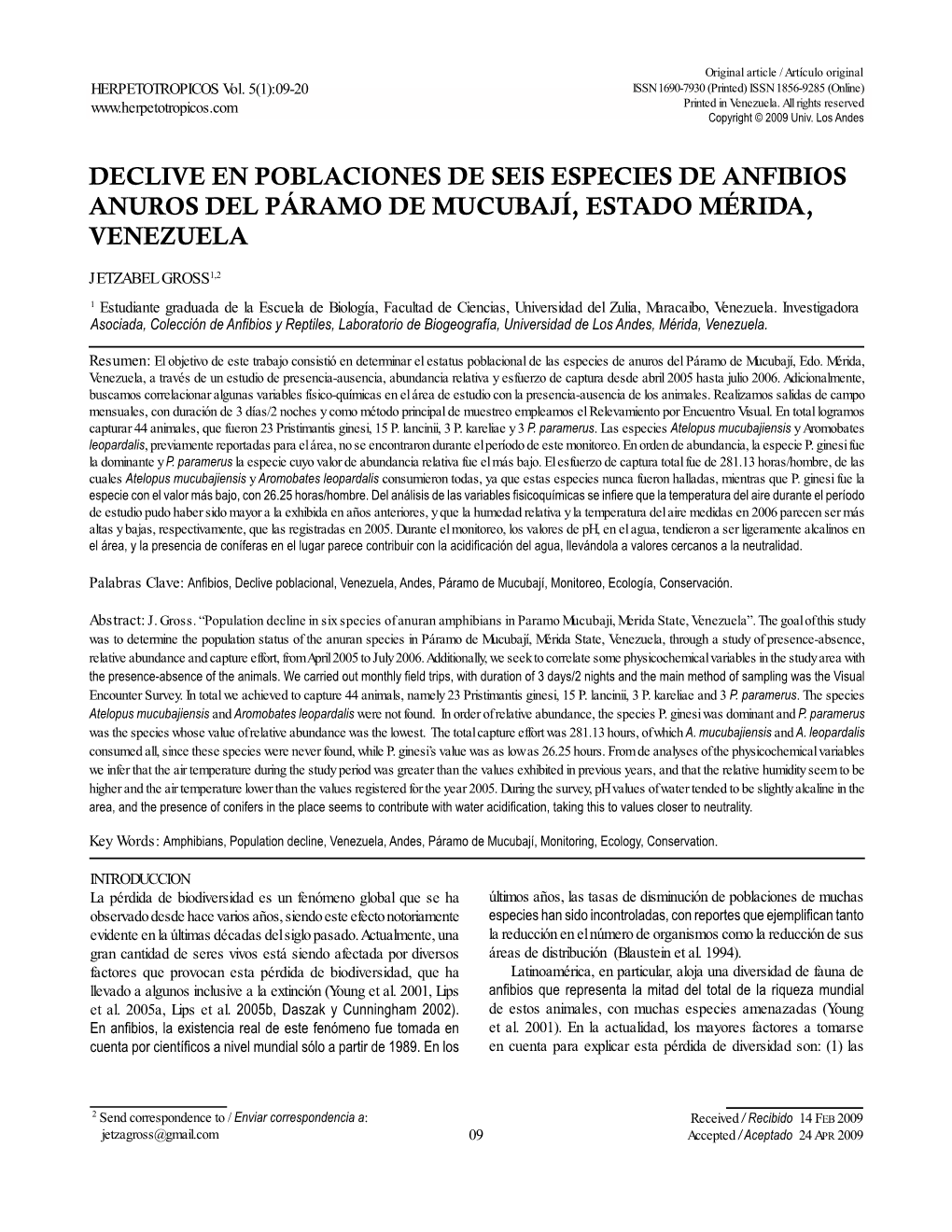 Declive En Poblaciones De Seis Especies De Anfibios Anuros Del Páramo De Mucubají, Estado Mérida, Venezuela