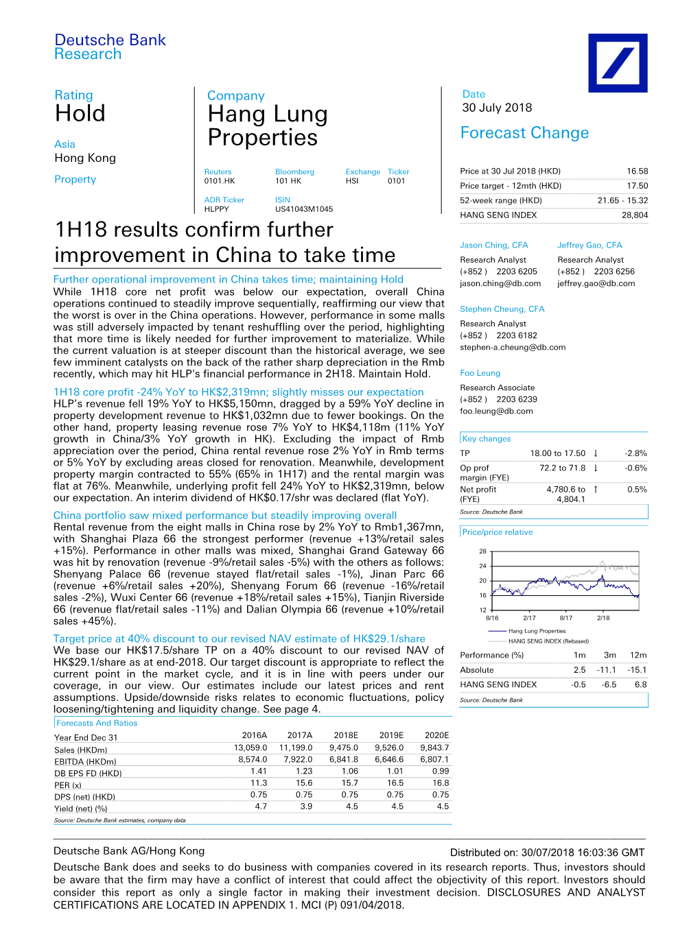 Hang Lung Properties Target Price at 40% Discount to Our Revised NAV Estimate of HK$29.1/Share HANG SENG INDEX (Rebased)