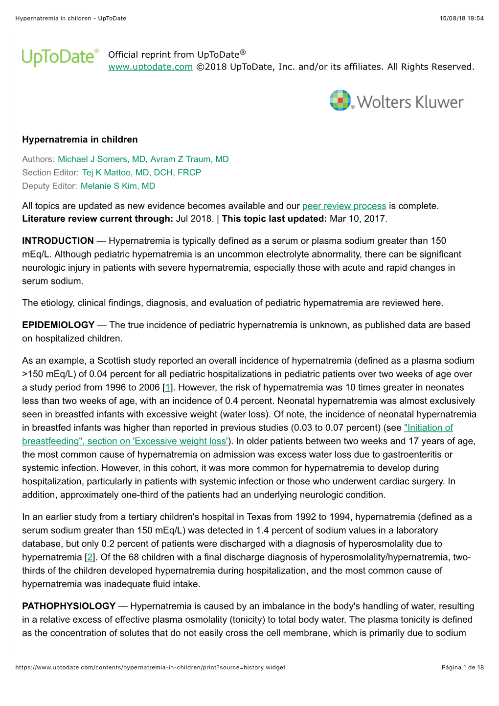 Hypernatremia in Children - Uptodate 15/08/18 19�54