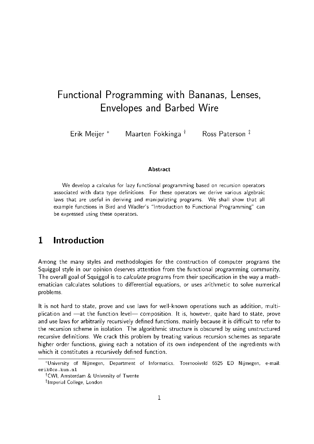 Functional Programming with Bananas, Lenses, Envelopes
