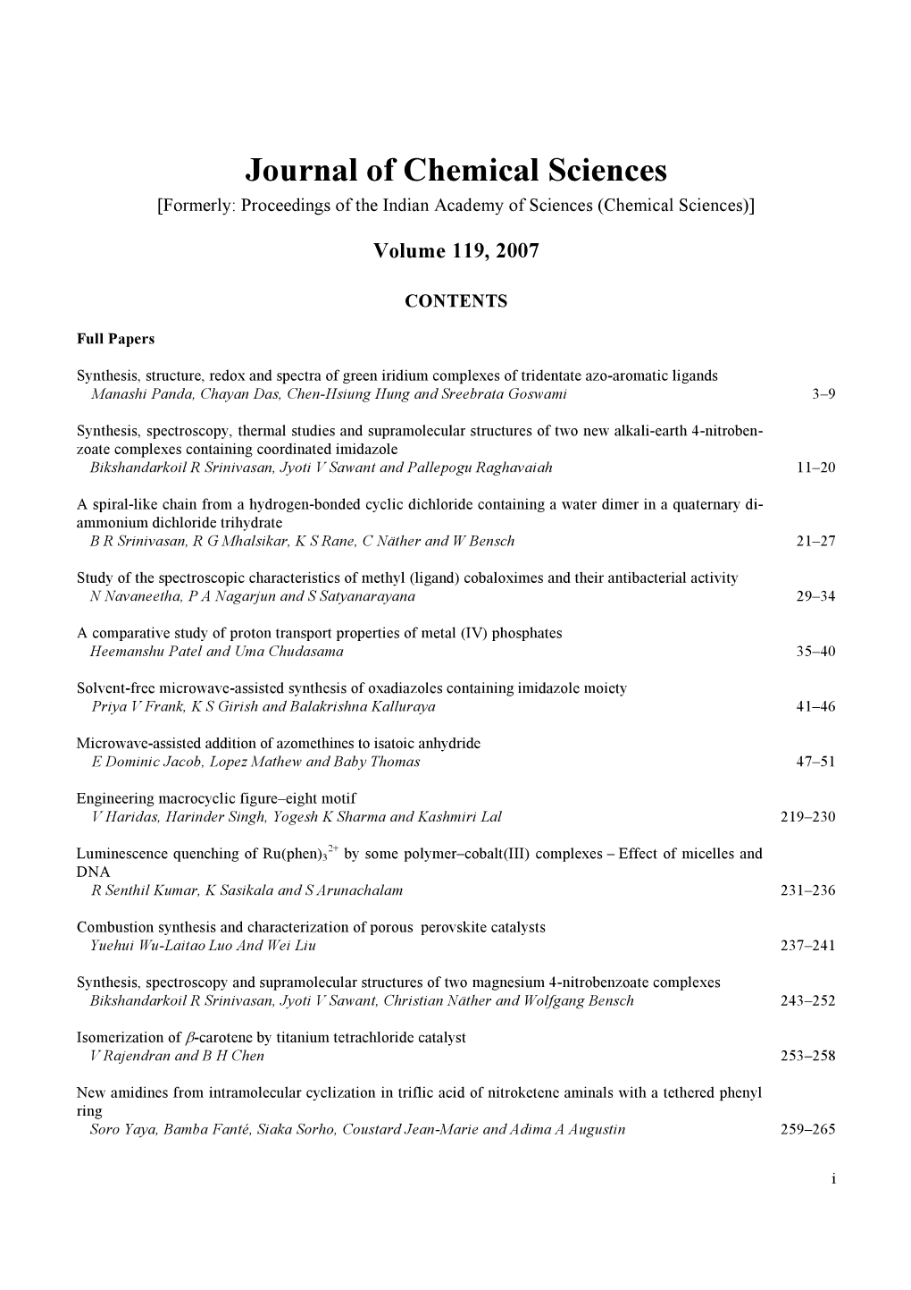 Journal of Chemical Sciences [Formerly: Proceedings of the Indian Academy of Sciences (Chemical Sciences)]