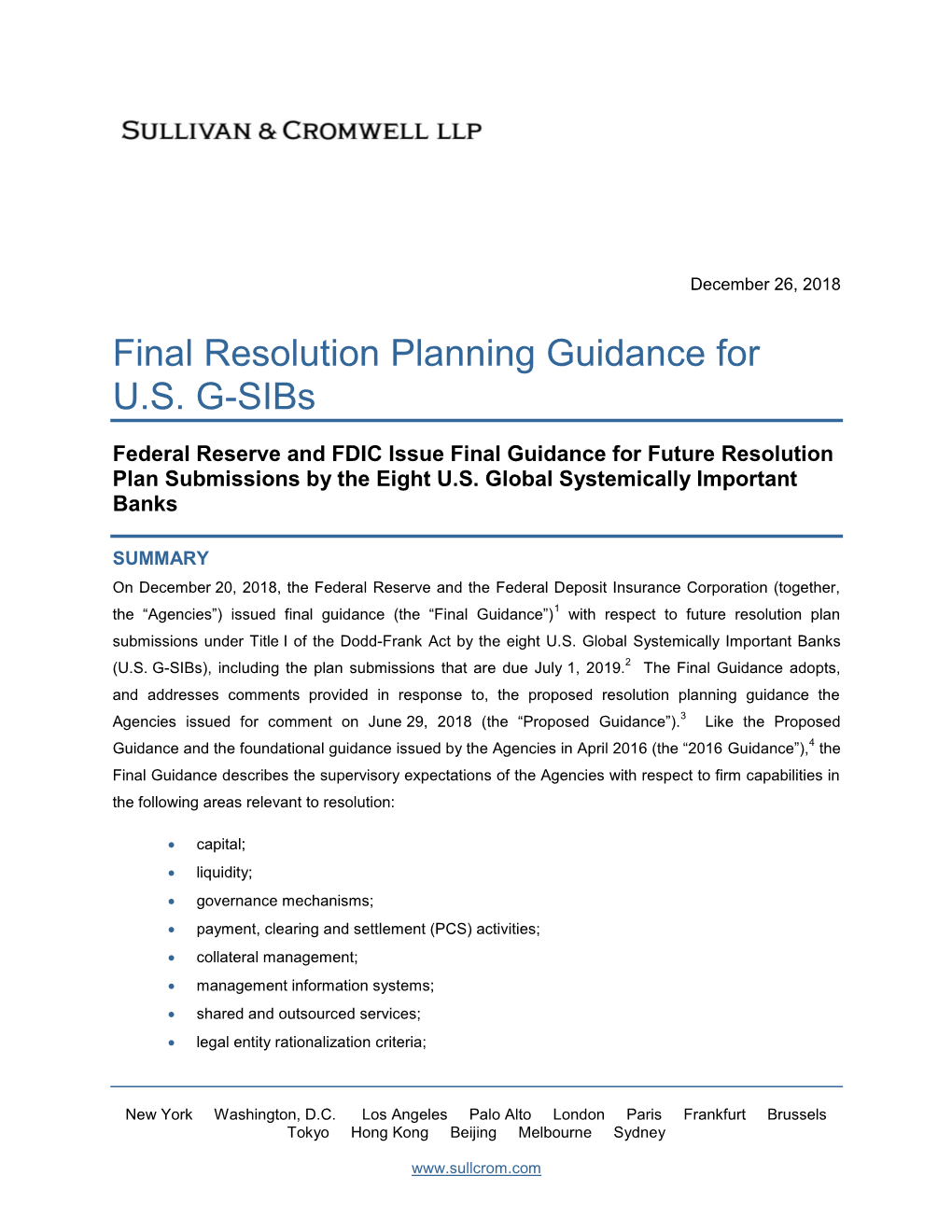 Final Resolution Planning Guidance for U.S. G-Sibs