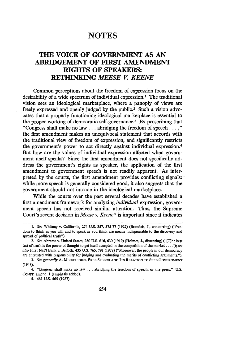 The Voice of Government As an Abridgement of First Amendment Rights of Speakers: Rethinking Meese V