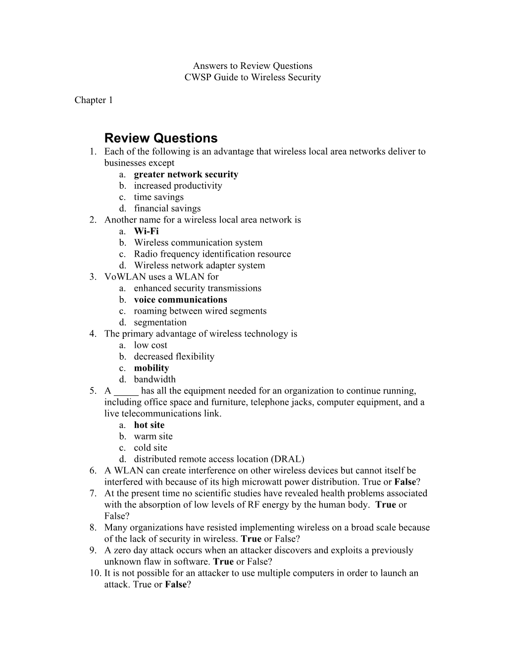 Answers to Review Questions CWSP Guide to Wireless Security