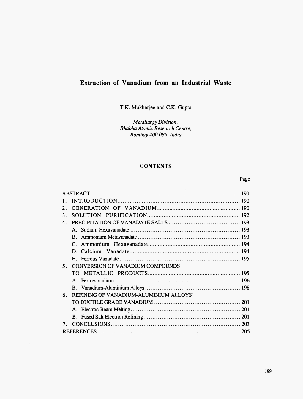 Extraction of Vanadium from an Industrial Waste