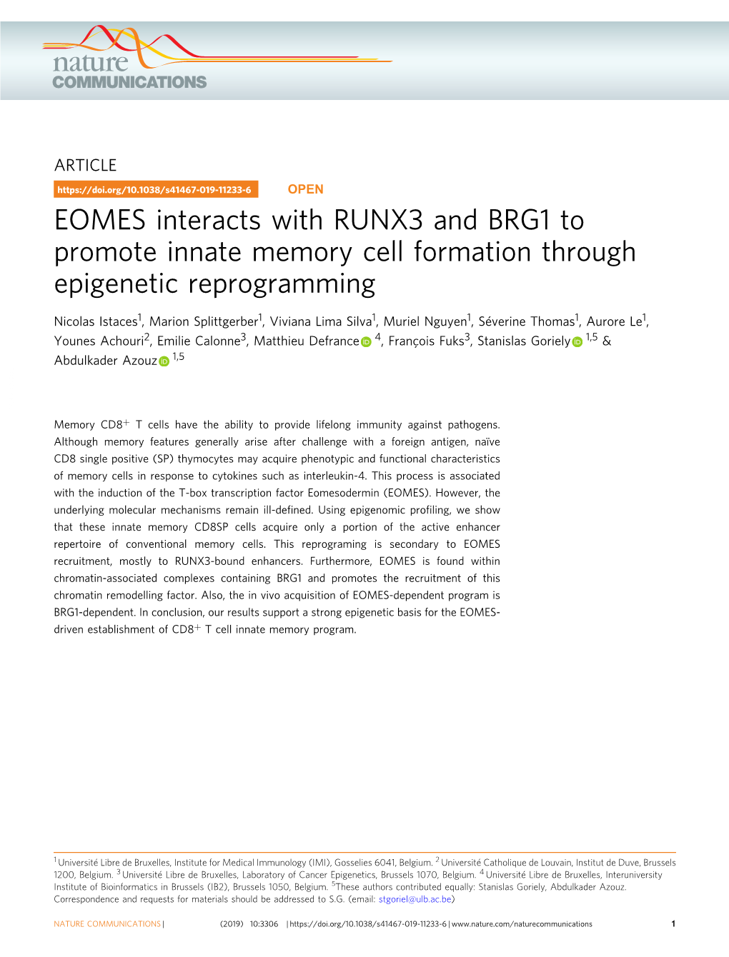 EOMES Interacts with RUNX3 and BRG1 to Promote Innate Memory Cell Formation Through Epigenetic Reprogramming