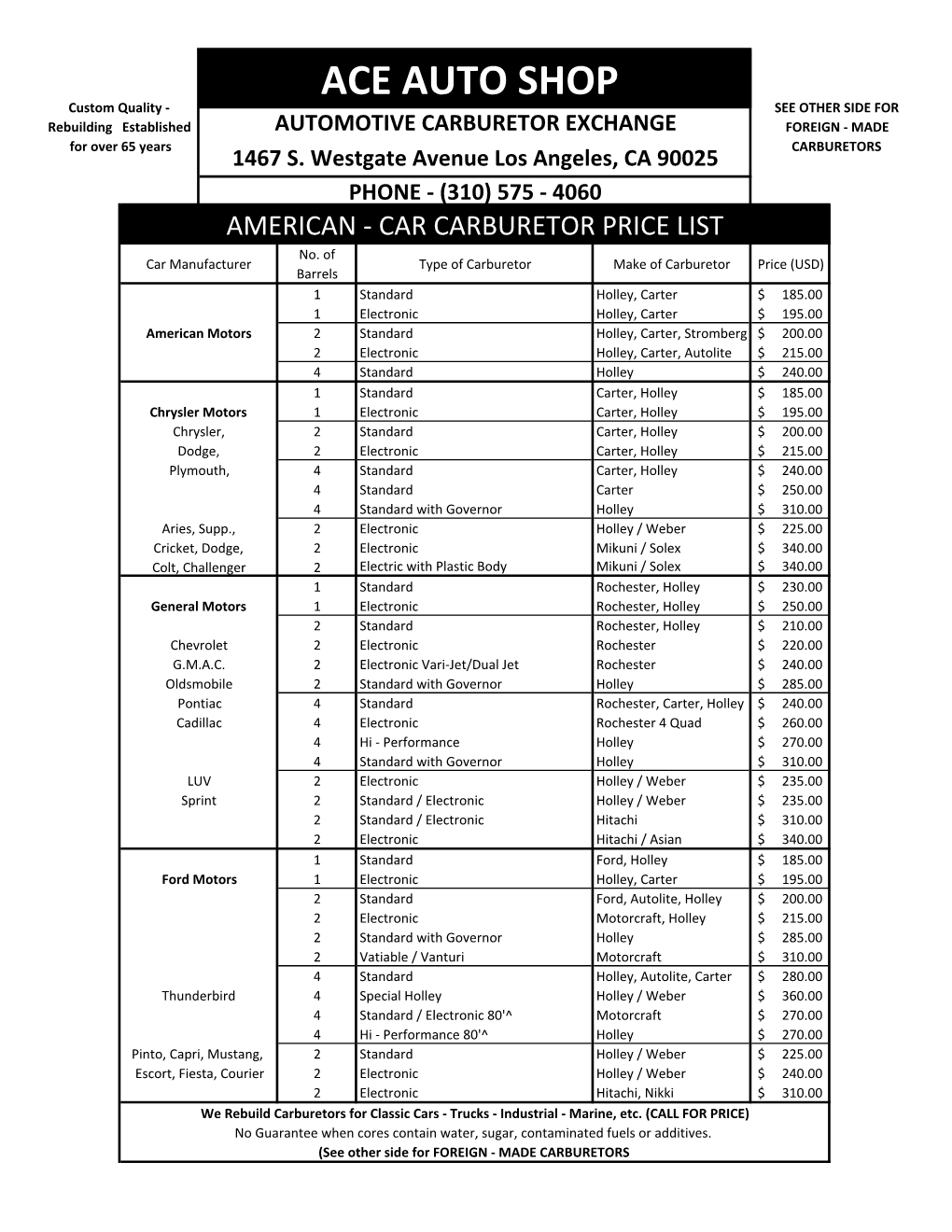 Carburetor Price Sheet