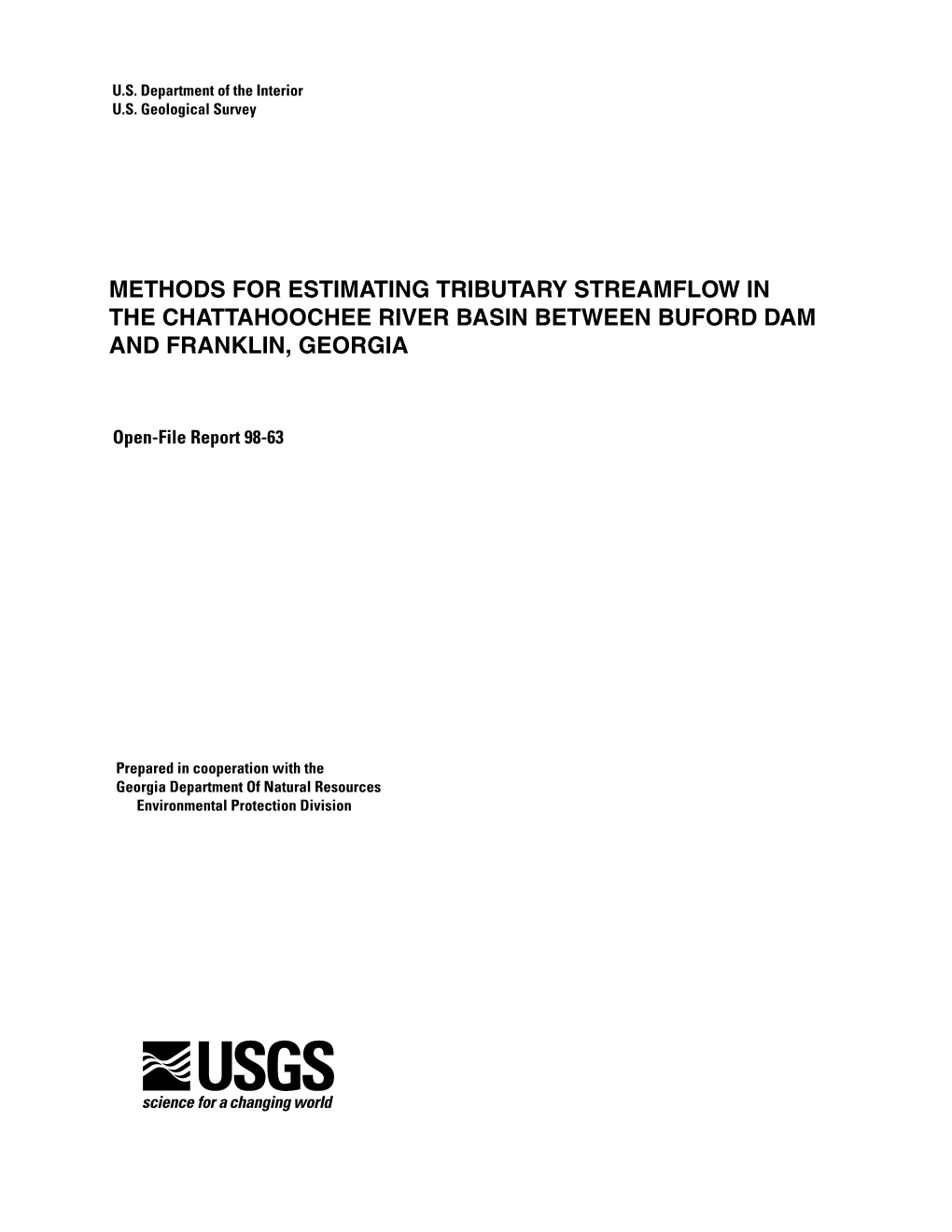 Methods for Estimating Tributary Streamflow in the Chattahoochee River Basin Between Buford Dam and Franklin, Georgia