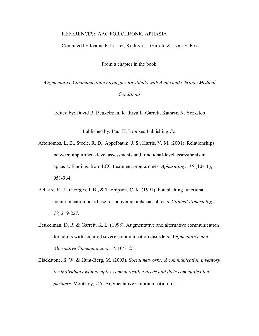 REFERENCES: AAC for Chronic Aphasia