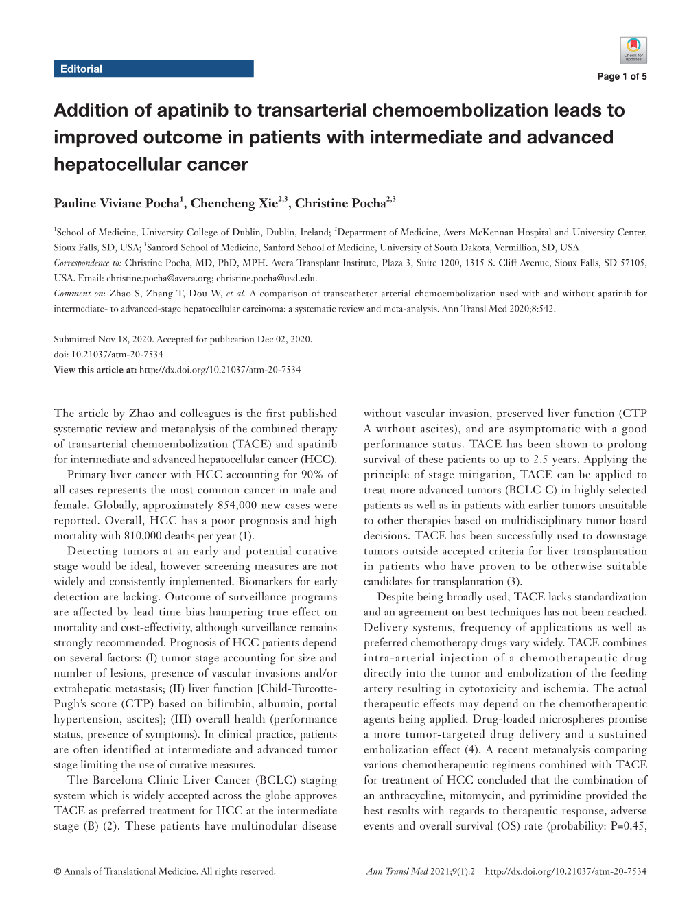 Addition of Apatinib to Transarterial Chemoembolization Leads to Improved Outcome in Patients with Intermediate and Advanced Hepatocellular Cancer