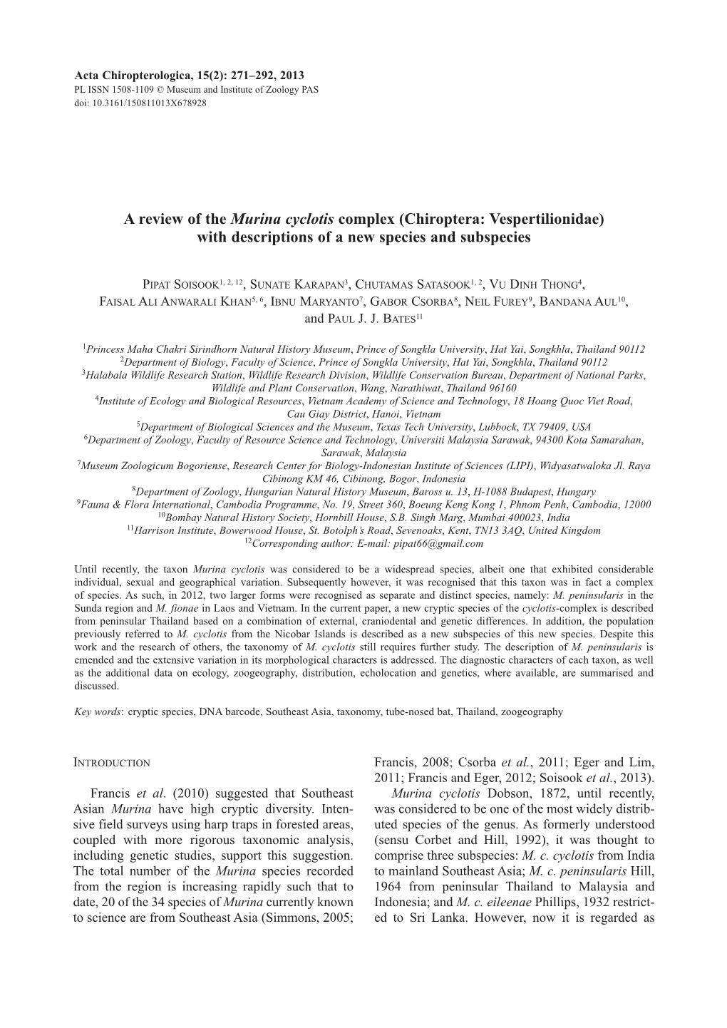 A Review of the Murina Cyclotis Complex (Chiroptera: Vespertilionidae) with Descriptions of a New Species and Subspecies