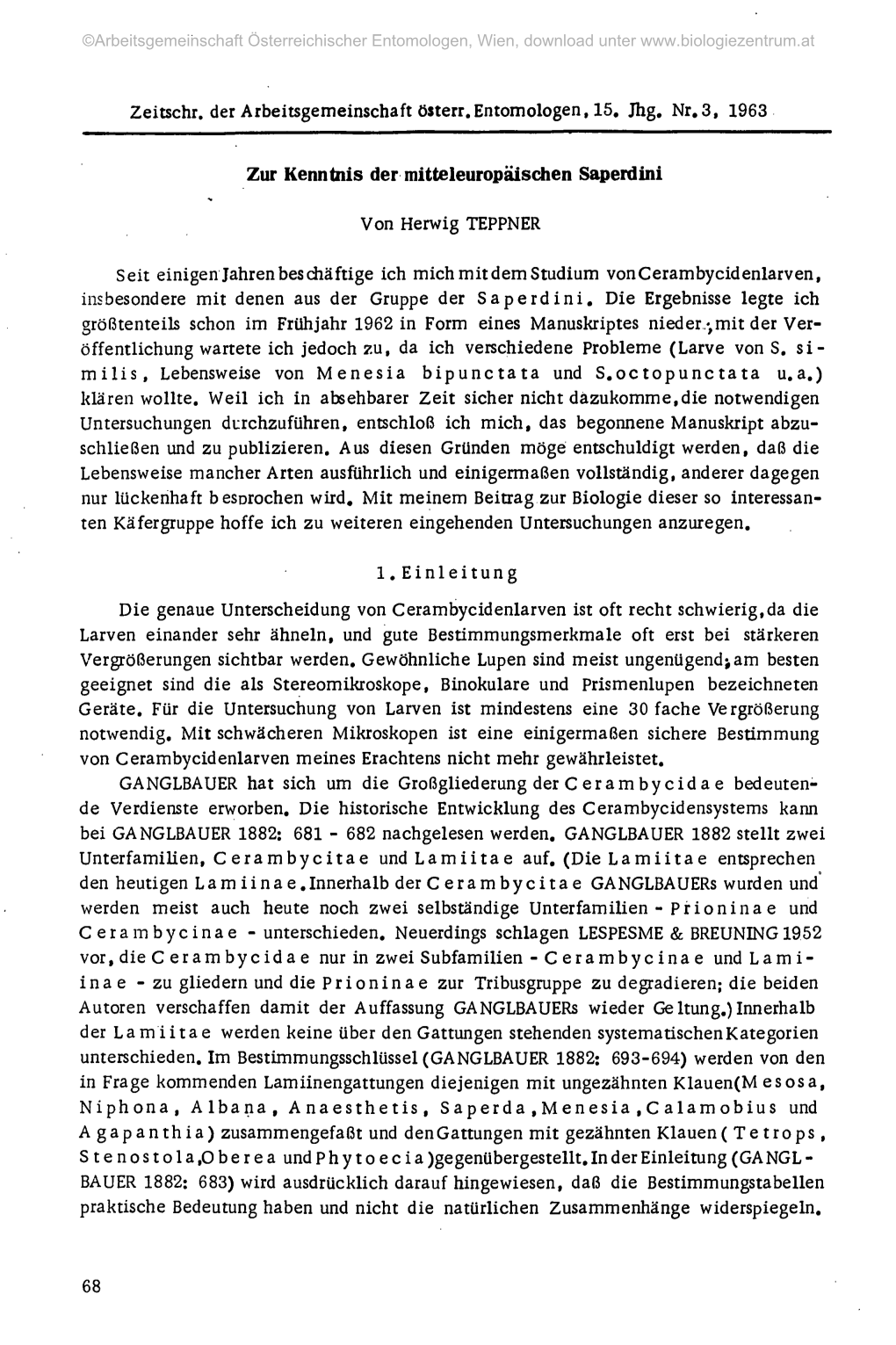 Zeitschr. Der Arbeitsgemeinschaft Österr.Entomologen, 15. Jhg. Nr.3, 1963