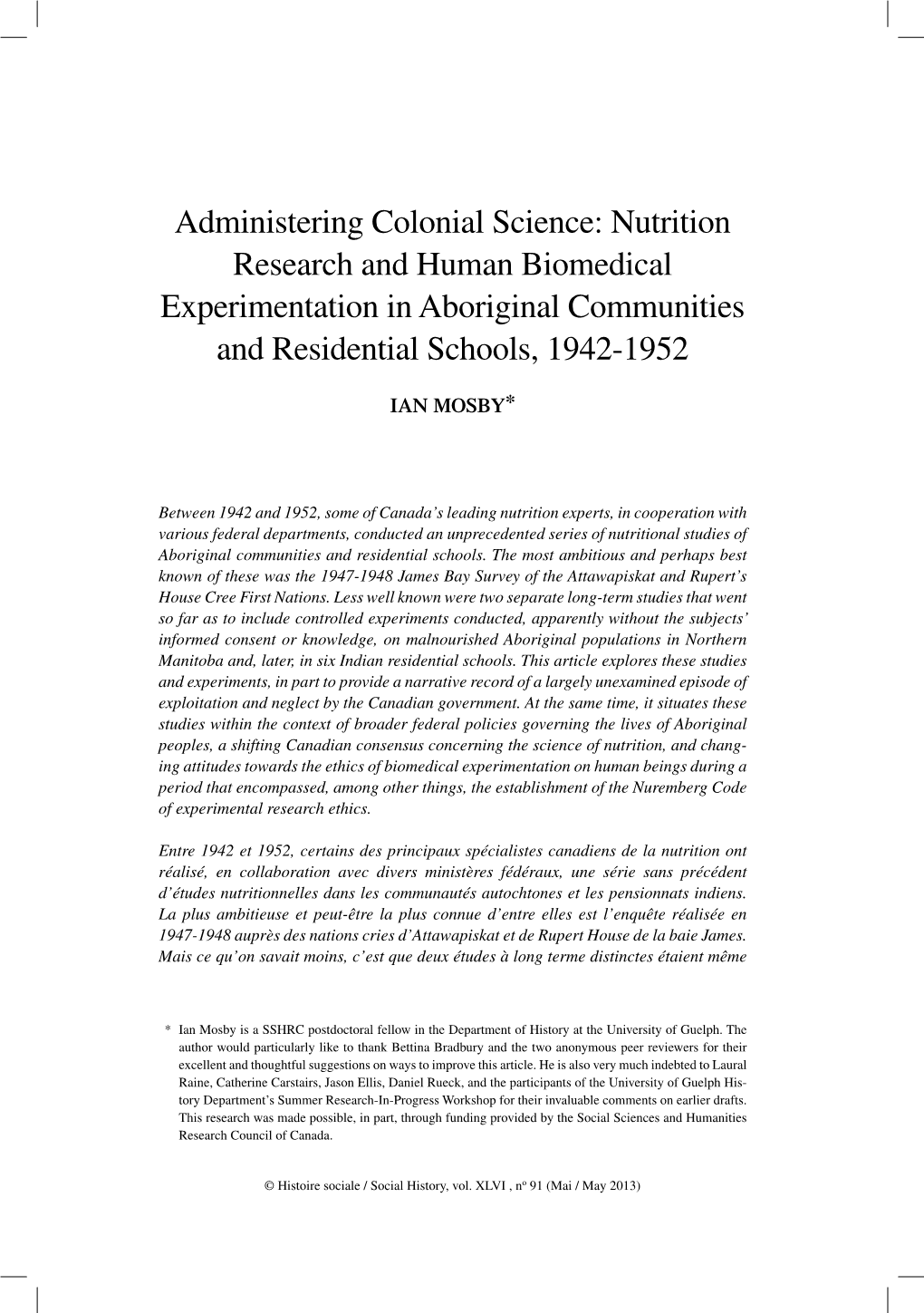 Administering Colonial Science: Nutrition Research and Human Biomedical Experimentation in Aboriginal Communities and Residential Schools, 1942-1952