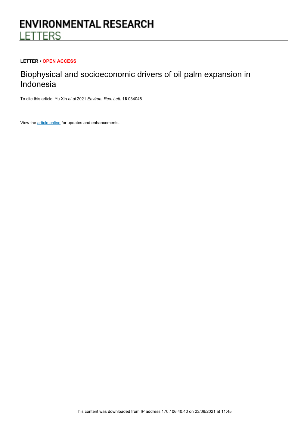 Biophysical and Socioeconomic Drivers of Oil Palm Expansion in Indonesia