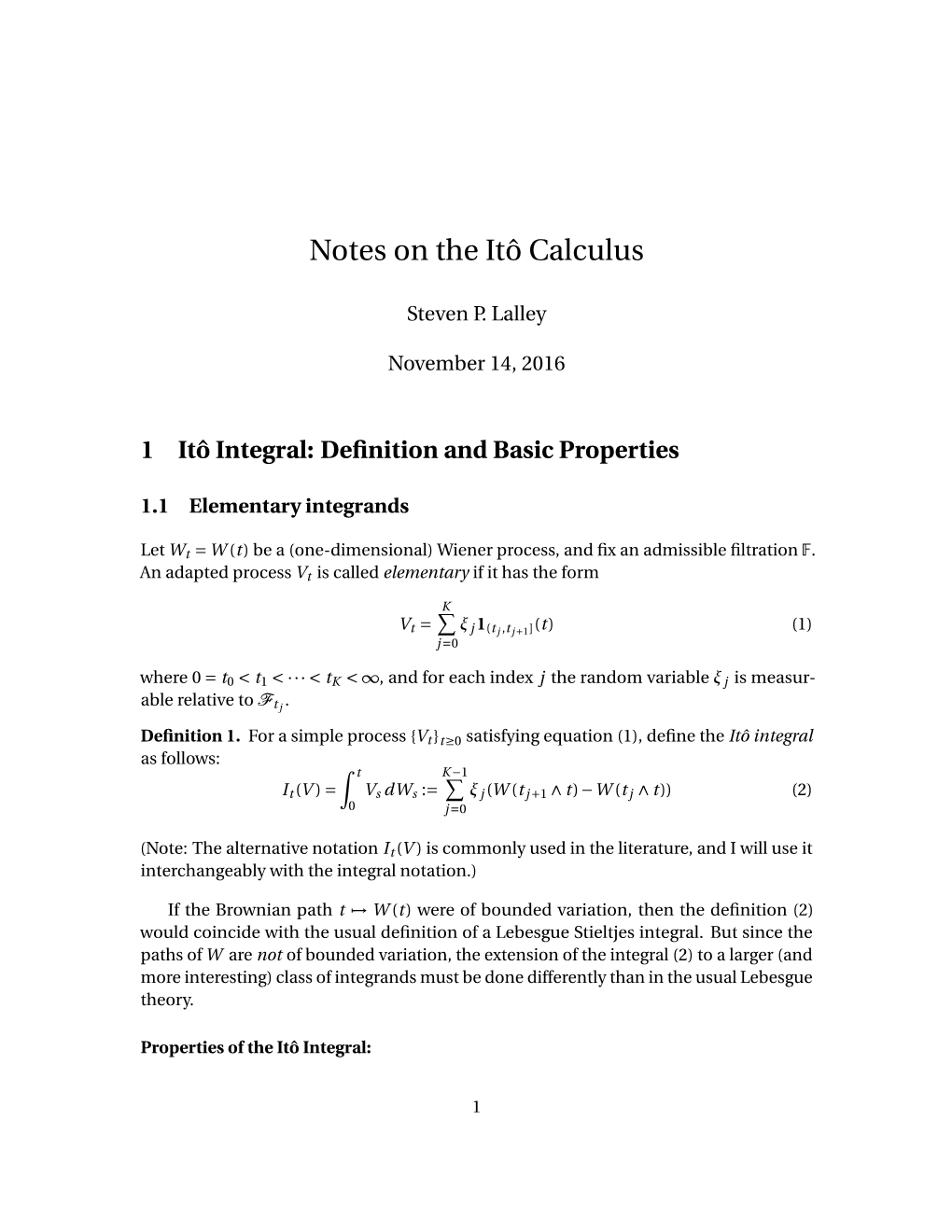 Notes on the Itô Calculus